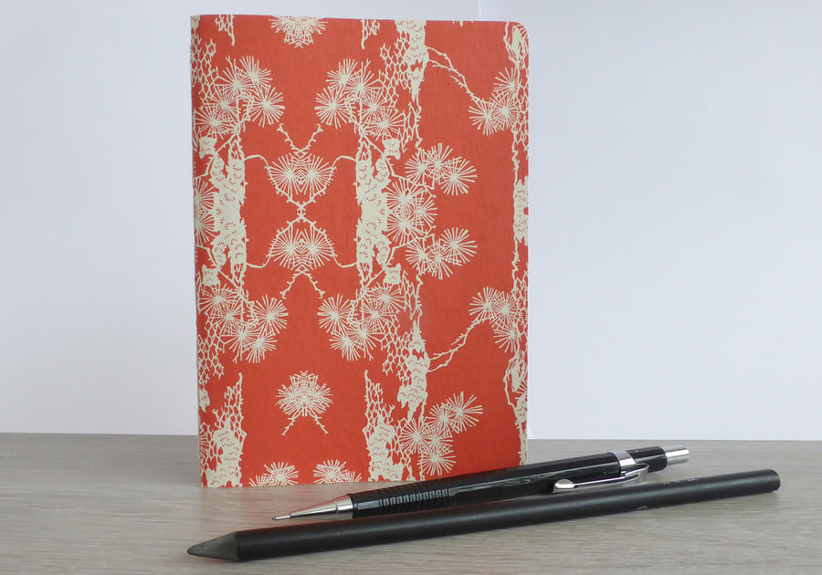 Small hand bound A6 notebook journal sketchbook in red Japanese patterned cover