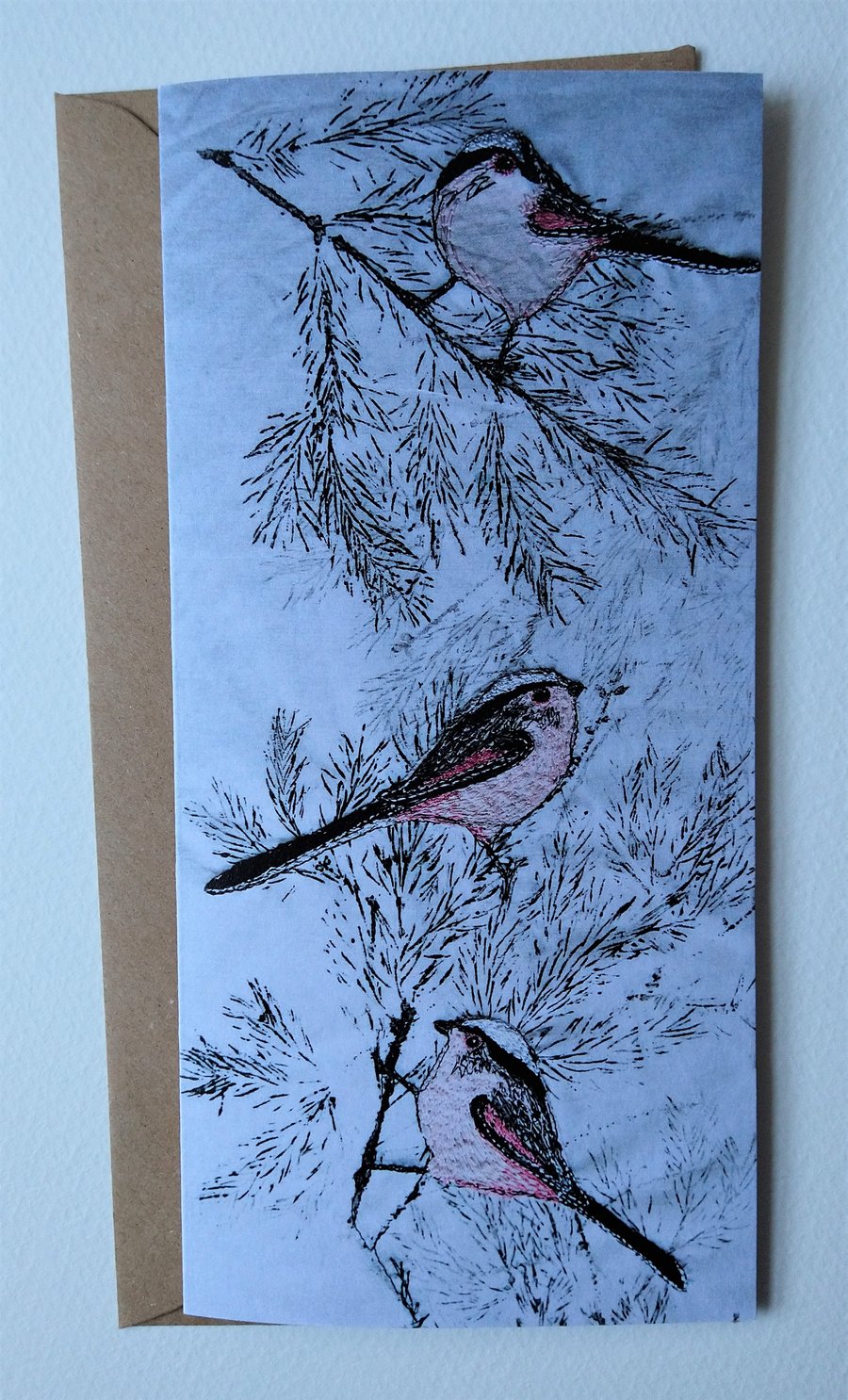 Long Tailed Tits Embroidered Portrait Greetings Card