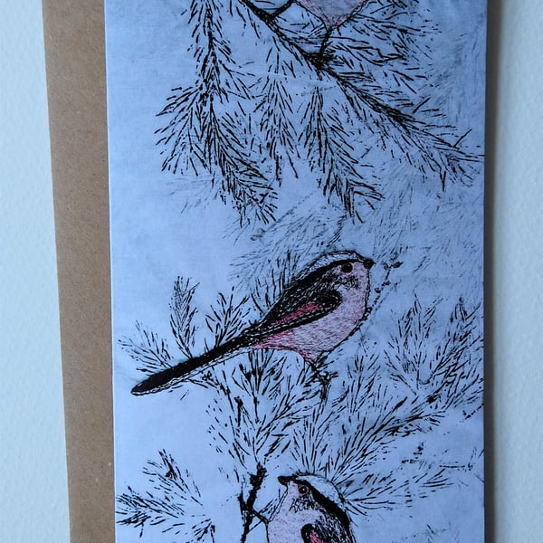 Long Tailed Tits Embroidered Portrait Greetings Card