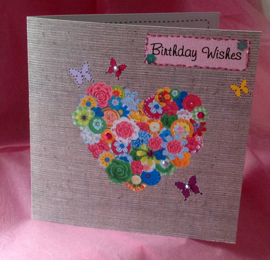Birthday Card,Floral Heart Printed Design,Handmade Greeting Card