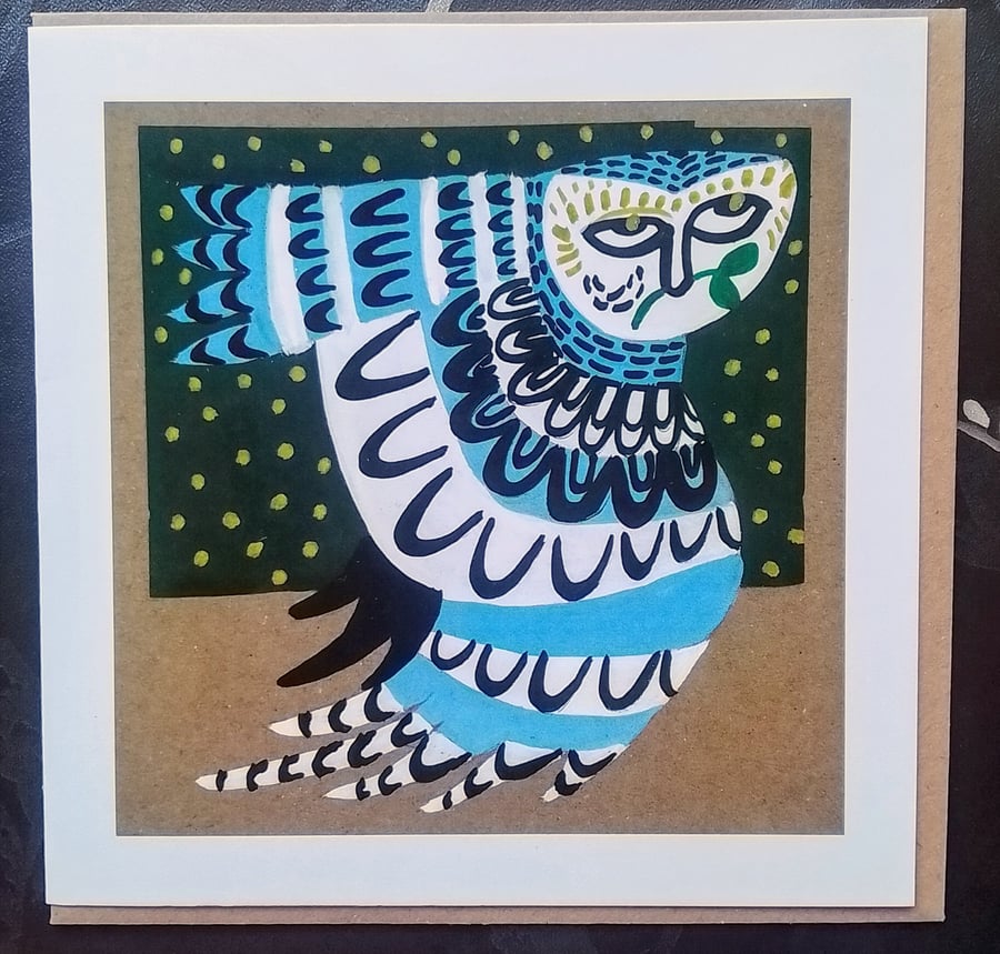 Owl in Flight Greetings Card Blank for Any Occasion Mid Century Inspired 