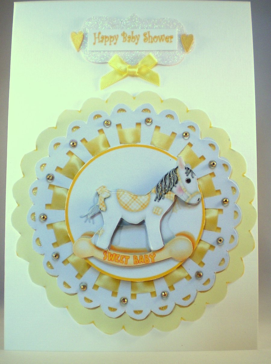  SALE Handmade Baby Shower Card, Rocking Horse, New Baby,3D,Decoupage