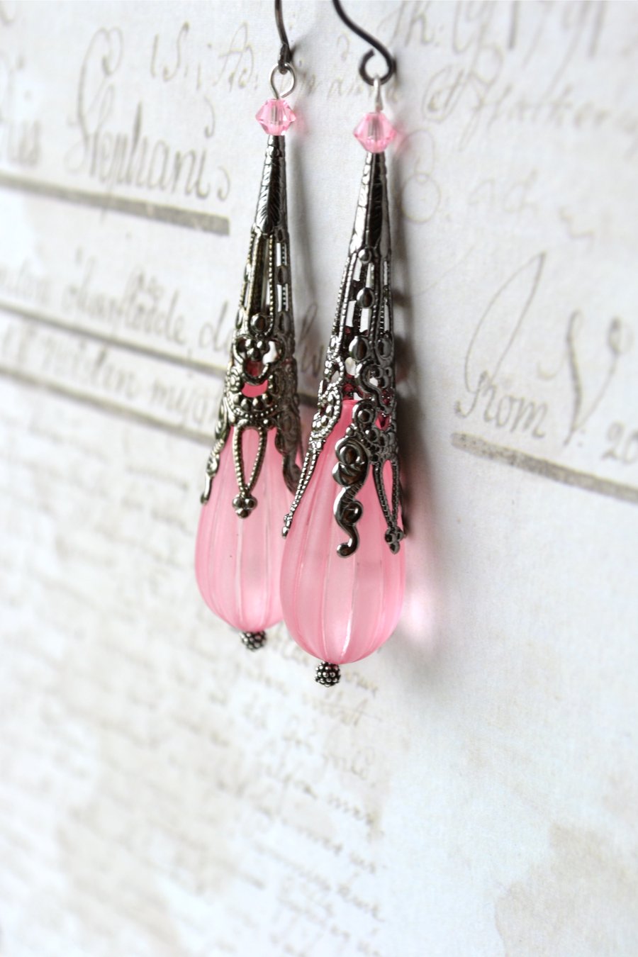 Pink earrings, long earrings, sterling silver earrings, drop earrings