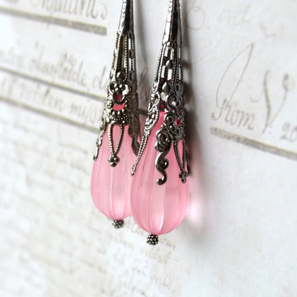 Pink earrings, long earrings, sterling silver earrings, drop earrings