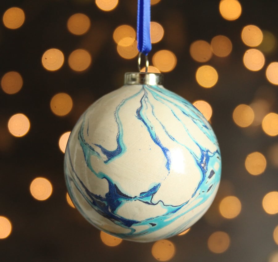 Christmas bauble marbled in silver blue turquoise ceramic decoration 