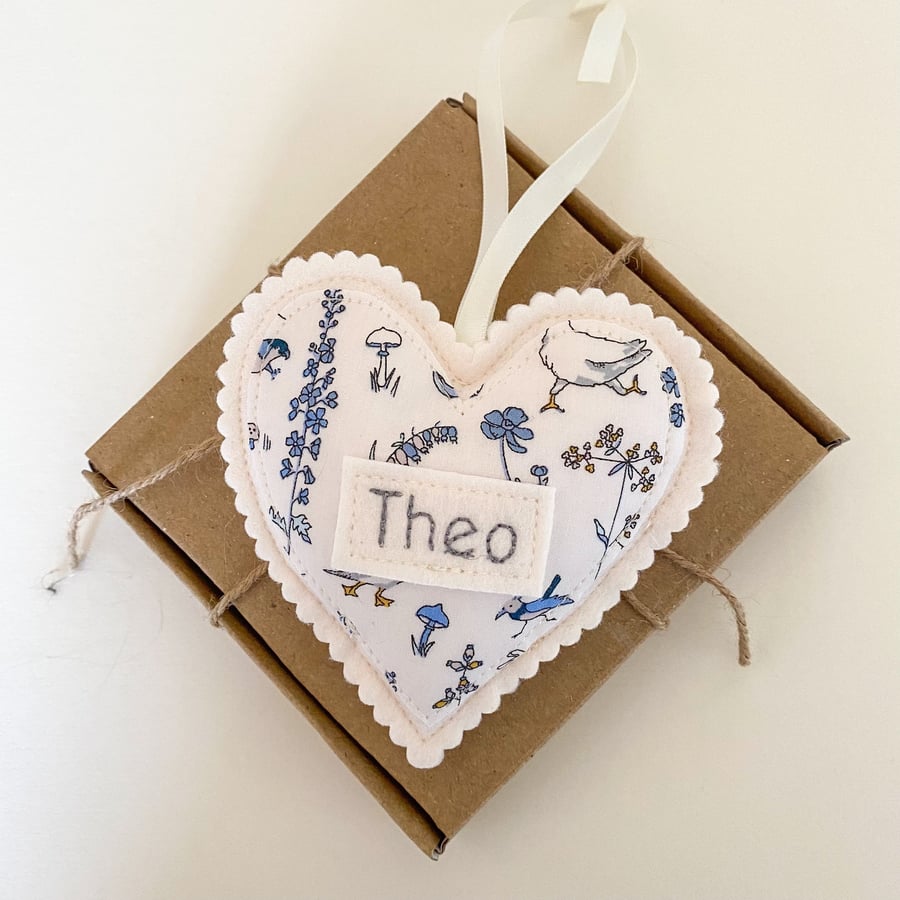 Liberty fabric hanging heart, personalised hanging heart, nursery decor