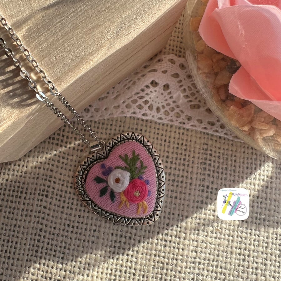 Embroidery necklace,rose floral, antique silver settings, heart pendant, hand em