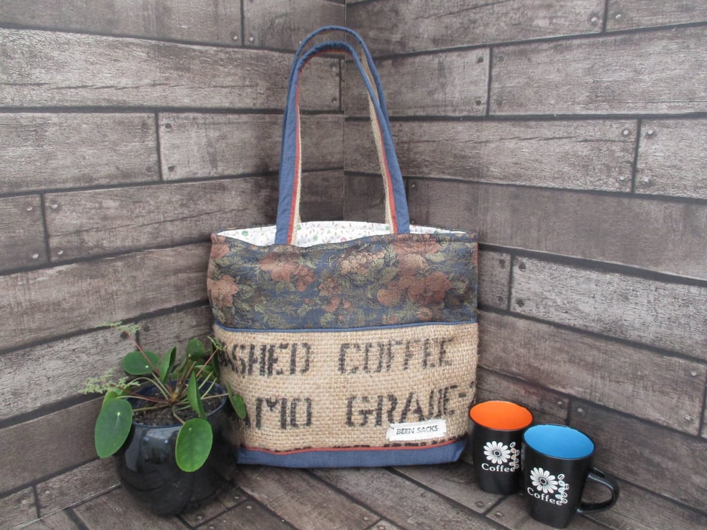 Eco-Friendly Tote Bag -  Handmade Sustainable Bag - Blue and Bronze Floral