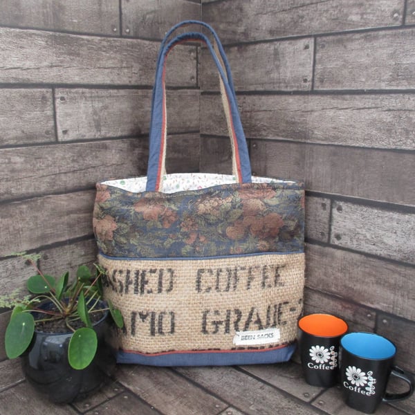 Eco-Friendly Tote Bag -  Handmade Sustainable Bag - Blue and Bronze Floral