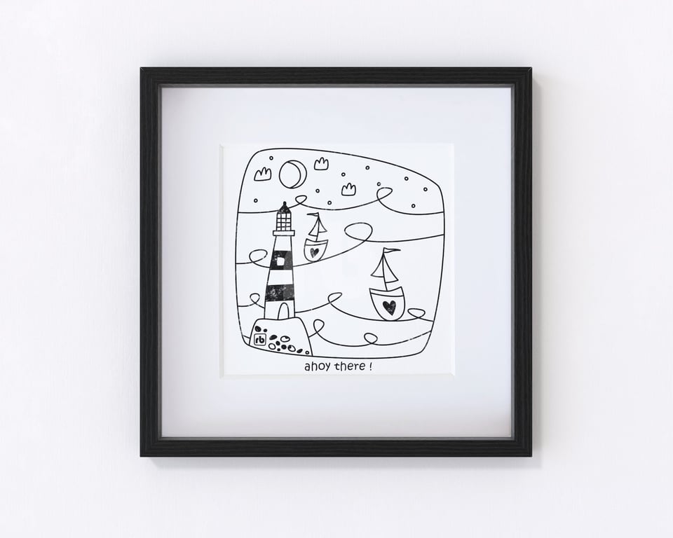 Ahoy There, sailing boats and lighthouse illustration, Giclee print