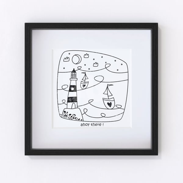 Ahoy There, sailing boats and lighthouse illustration, Giclee print