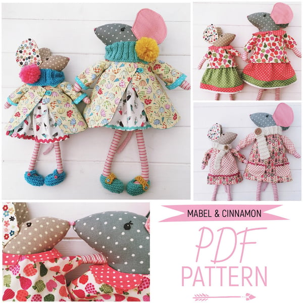 Digital PDF Sewing Pattern for Mice Dolls Mother & Daughter 'Mabel and Cinnamon'