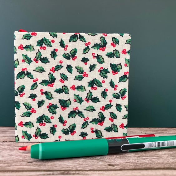 Handbound Small White, Green & Red Holly Leaf Sketchbook, Notebook, Journal