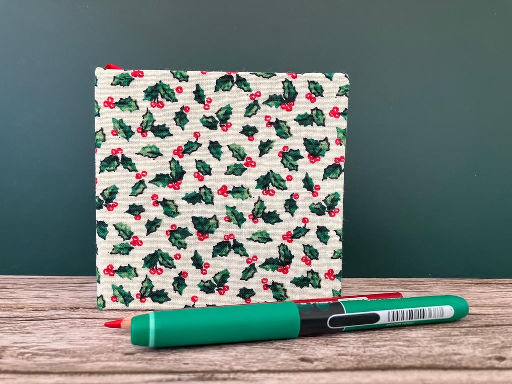 Handbound Small White, Green & Red Holly Leaf Sketchbook, Notebook, Journal