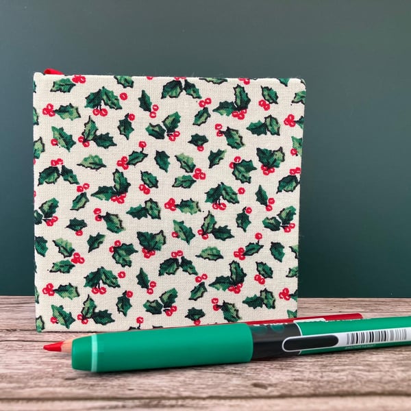 Handbound Small White, Green & Red Holly Leaf Sketchbook, Notebook, Journal