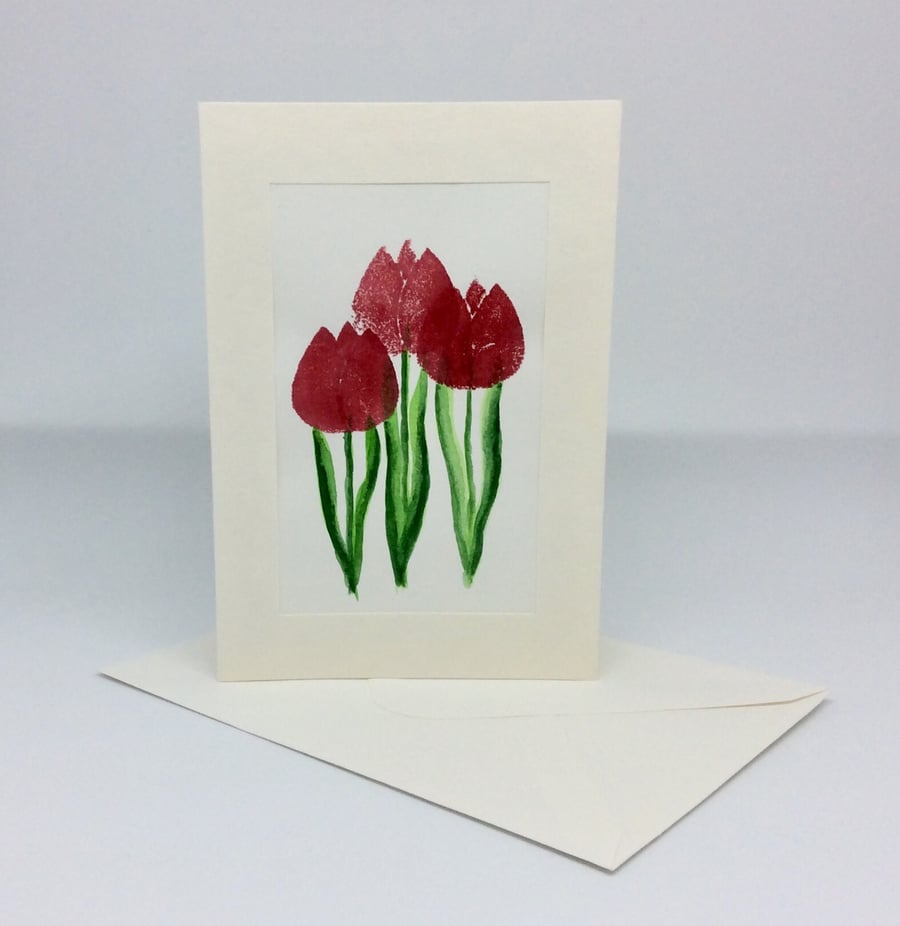 Card,  original art, three red tulips, hand printed and painted