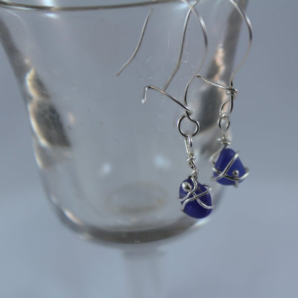 Earrings Dark Blue Sea Glass 