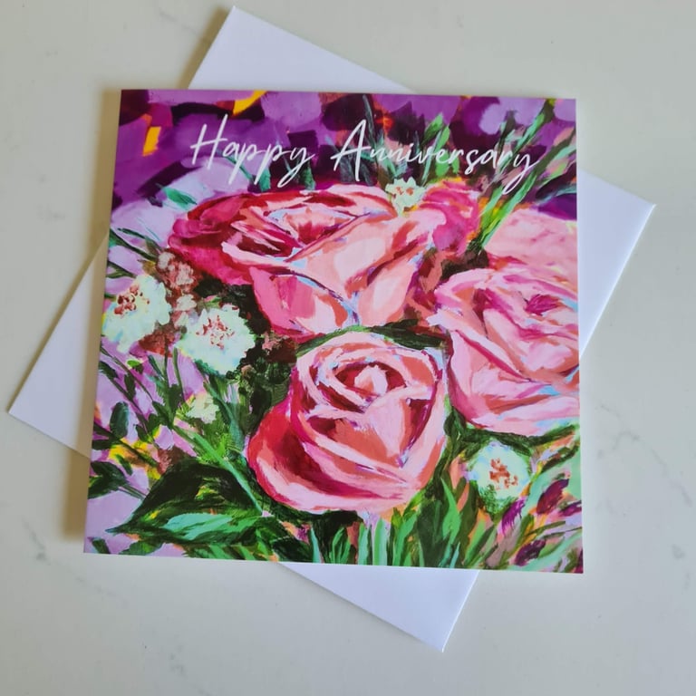 Pink roses painting printed anniversary card