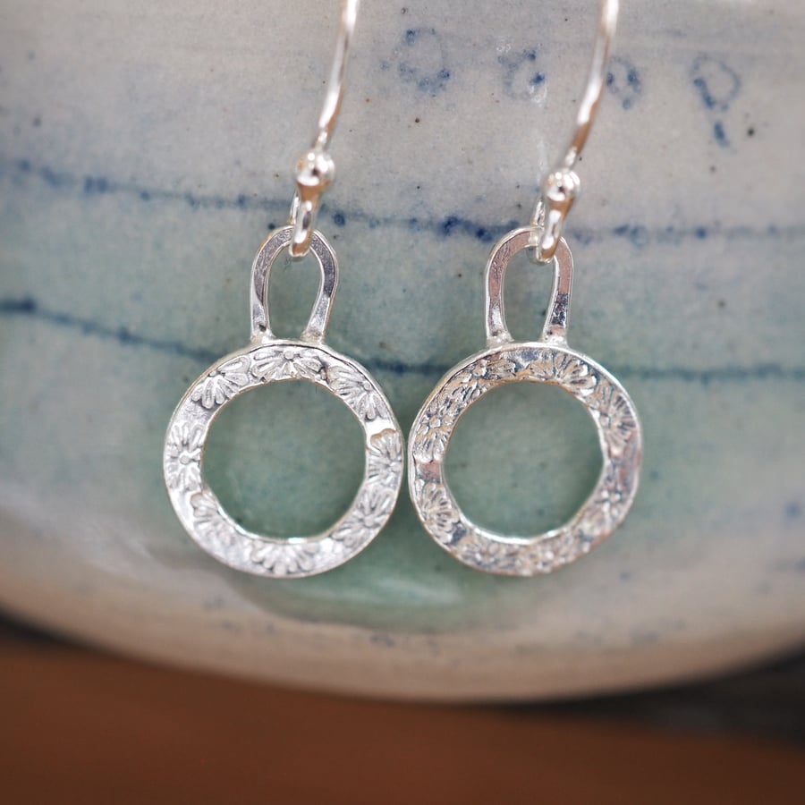 Earrings, silver daisy chain earrings, hoop drop earrings