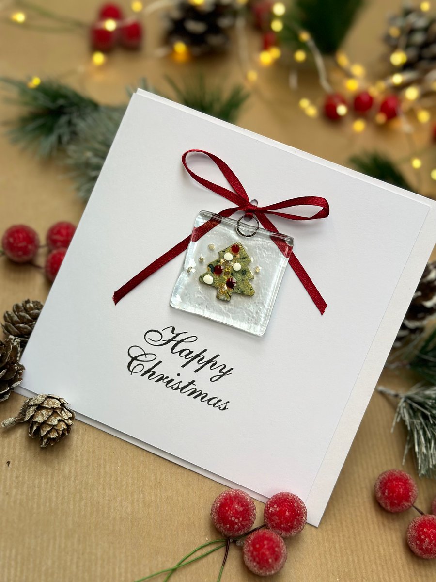 Handmade Fused Glass Christmas Card with Christmas Tree. Fused glass decoration.