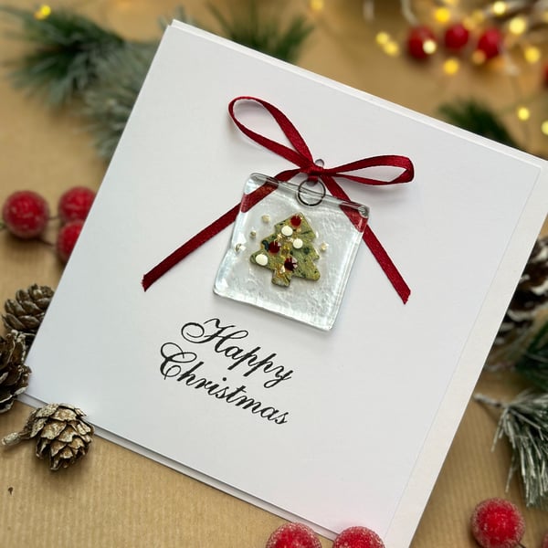 Handmade Fused Glass Christmas Card with Christmas Tree. Fused glass decoration.