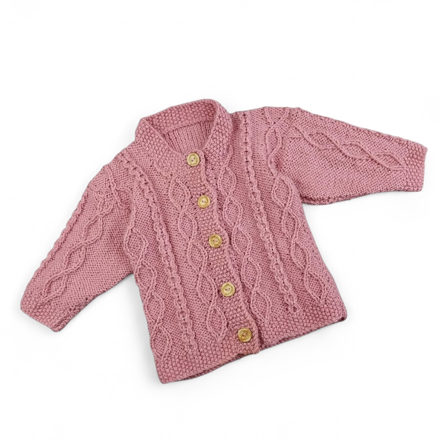 Hand knitted rose pink baby cardigan, cable knit newborn sweater with buttons 