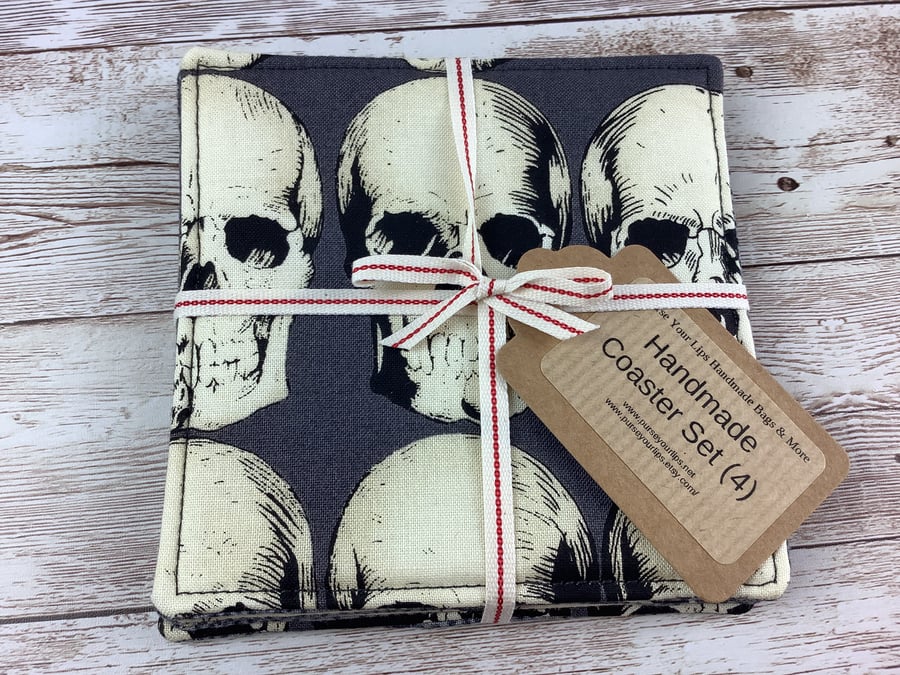 Skulls coaster set, Gothic fabric coaster set of 4, Handmade