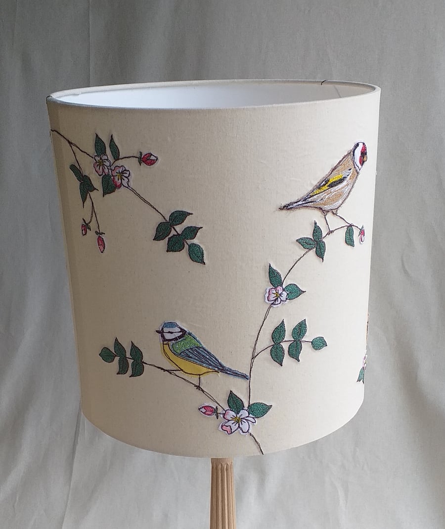 Handmade Lampshade with Embroidered Birds and Blossom