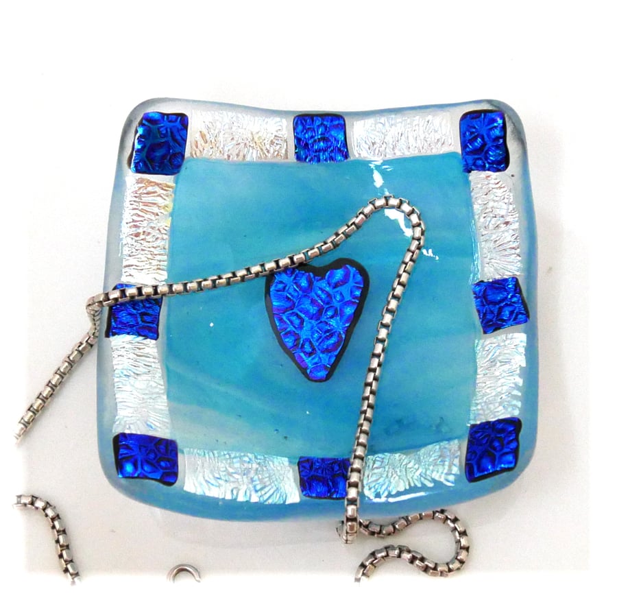 Fused Glass Dichroic Heart Dish 7.5cm Pale Streaky Turquoise Trinket 