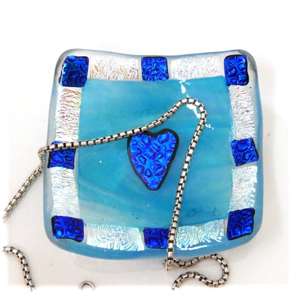 Fused Glass Dichroic Heart Dish 7.5cm Pale Streaky Turquoise Trinket 
