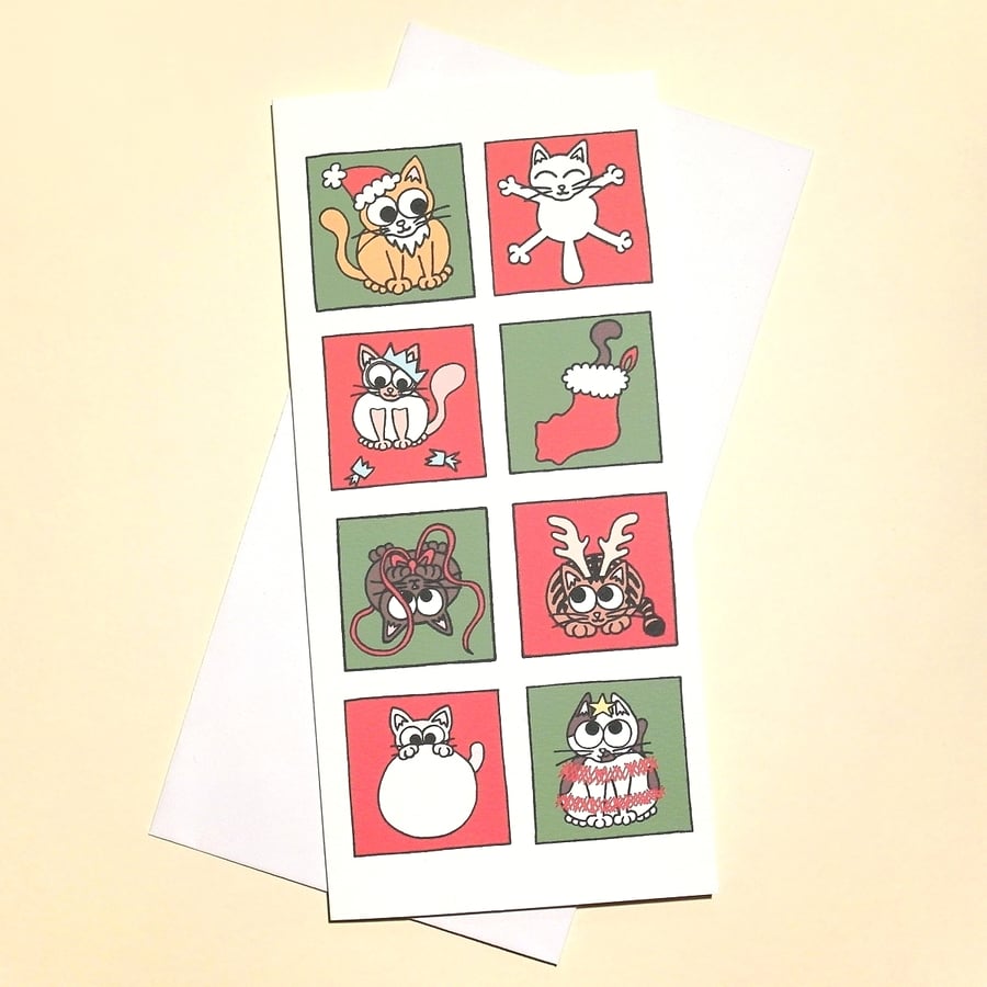 Cat Christmas Card - tall red and green card with whimsical cats L-XCG