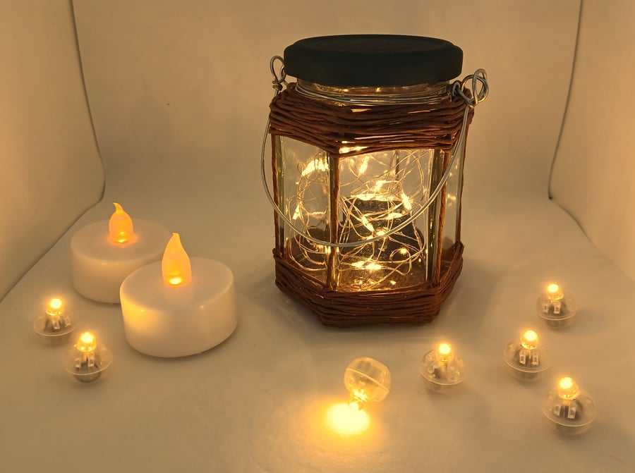Small Rustic, Glass Jar Lantern with Fairy Lights (Hexagonal, Dark Brown)