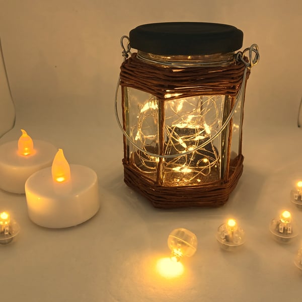 Small Rustic, Glass Jar Lantern with Fairy Lights (Hexagonal, Dark Brown)