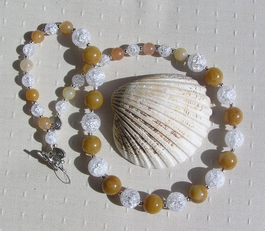 Golden Jade, Clear Quartz & Carnelian Gemstone Chunky Necklace "Oro Sparkle"