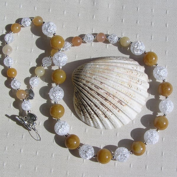 Golden Jade, Clear Quartz & Carnelian Gemstone Chunky Necklace "Oro Sparkle"