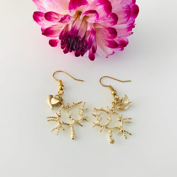  Pretty gold tree earrings with leaf and dove charms 