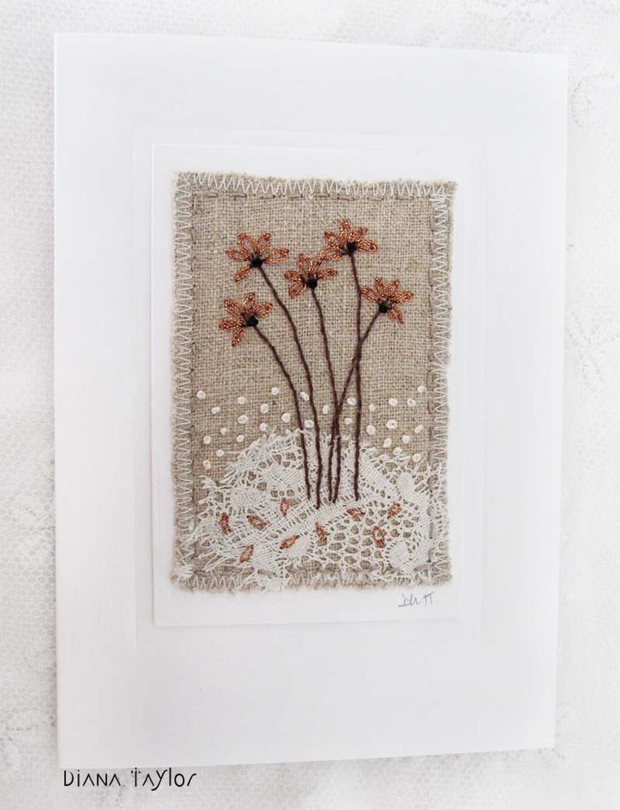 HAND EMBROIDERED GREETINGS CARD WINTER AUTUMN FLOWERS
