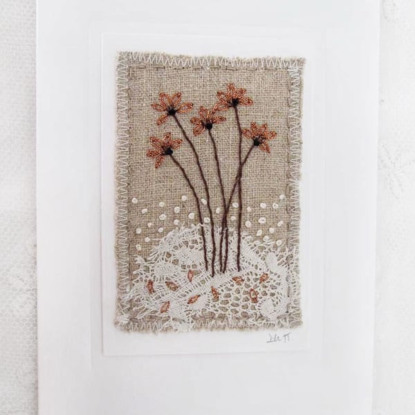 HAND EMBROIDERED GREETINGS CARD WINTER AUTUMN FLOWERS