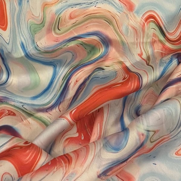 Orange Multicoloured Waves Print Charmeuse Satin Fabric 45'' PRICE PER METER