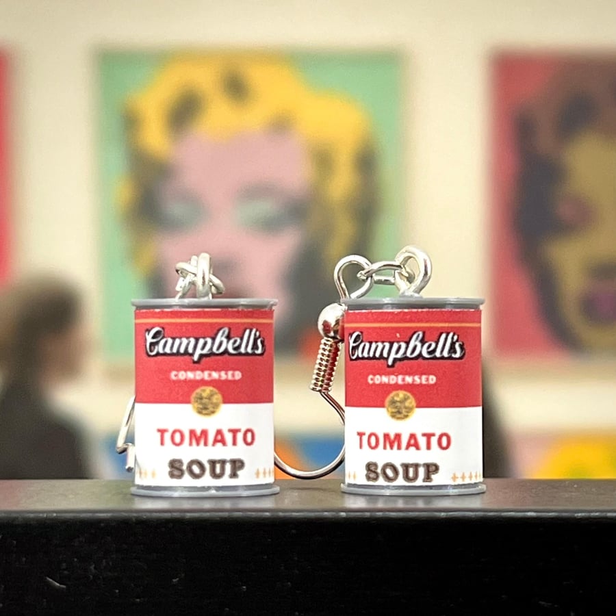 Pop-art Campbell’s soup can dangle earrings (pair) by David Asch Art & Design