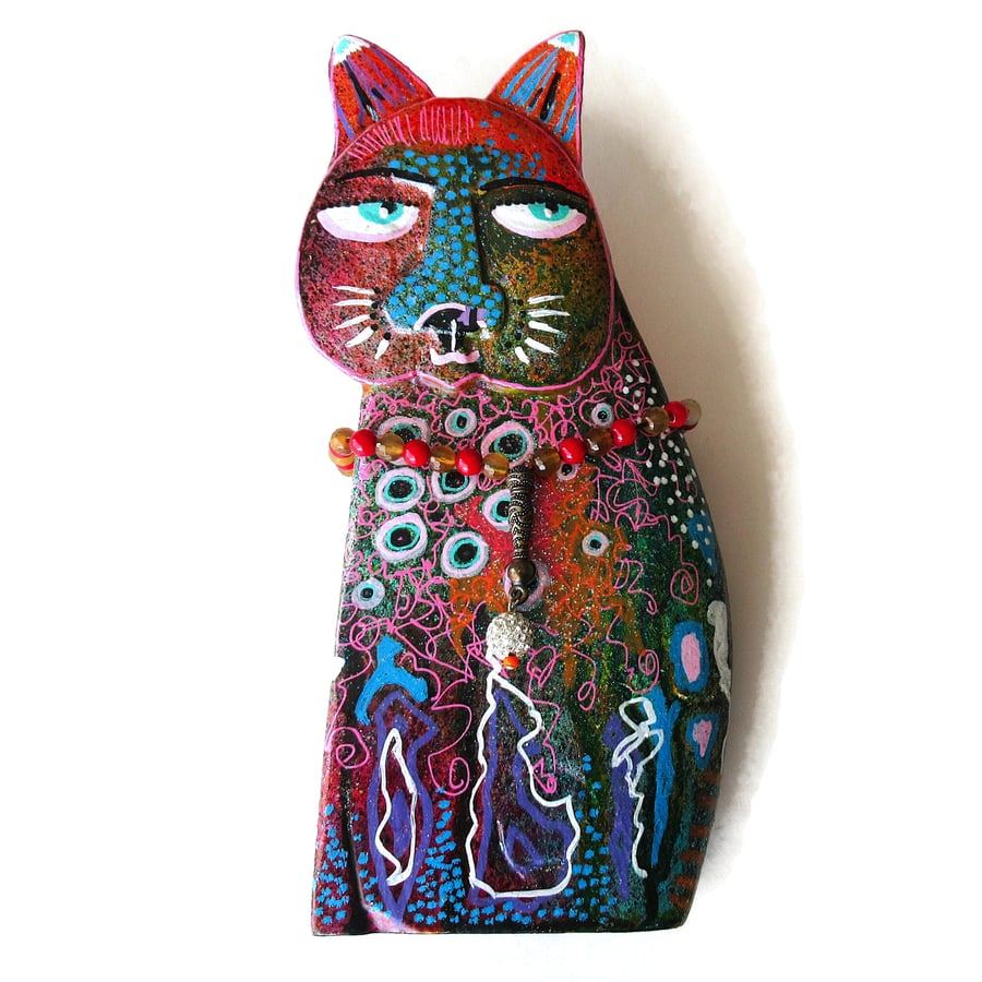 OOAK Hand Painted Cat Figurine Carved Sculpture Bright Wooden Ornament Statue