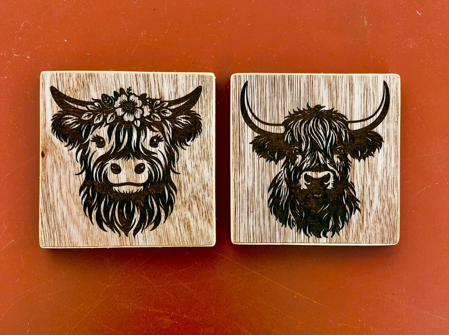 Set of two Highland cow coasters. 
