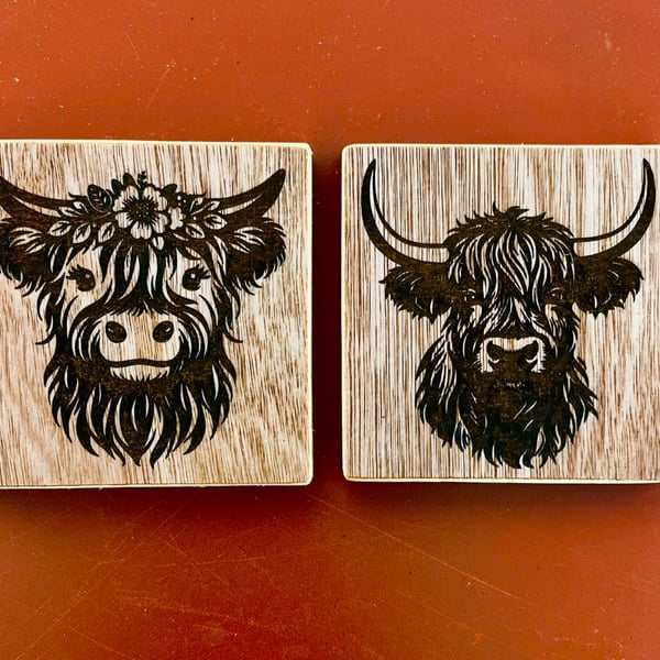 Set of two Highland cow coasters. 