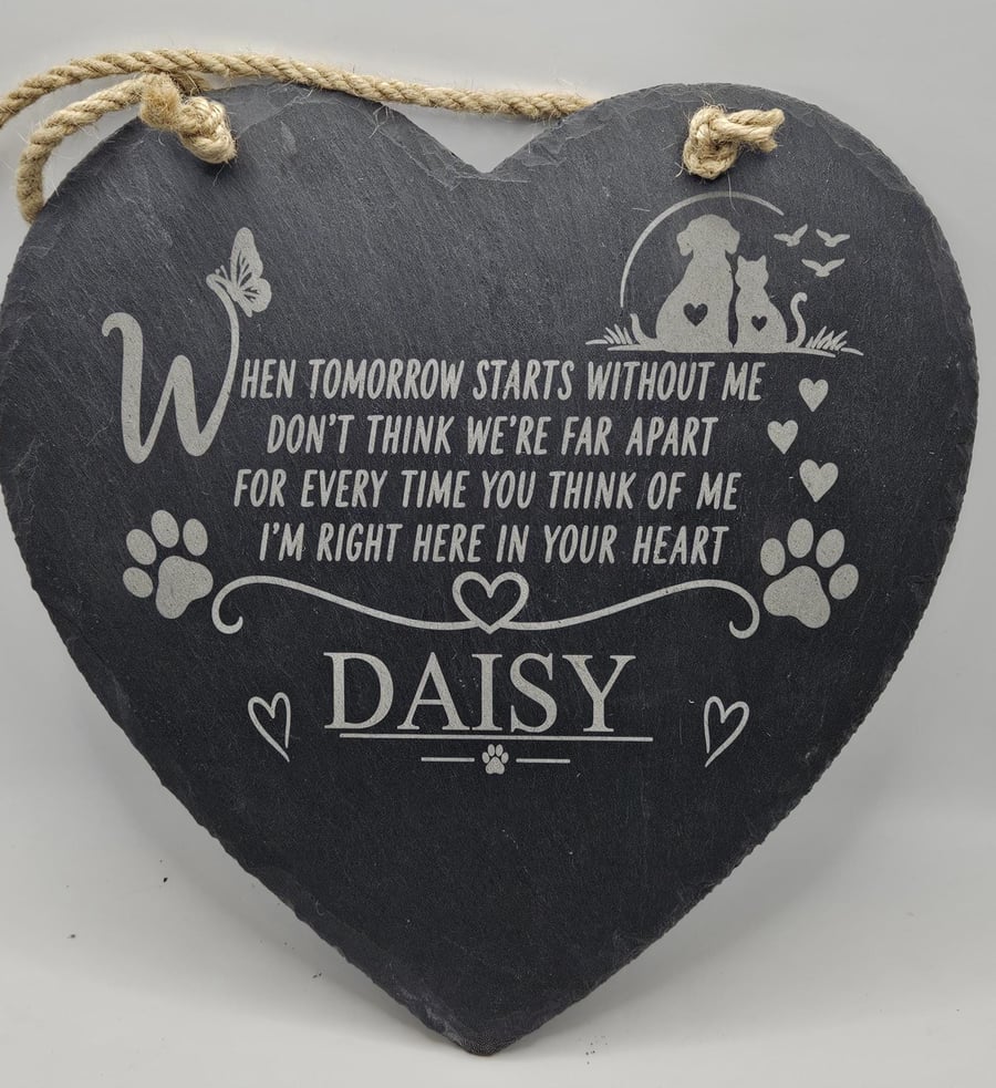 Image of Personalised Pet Memorial Slate Heart, Dog Cat Remembrance Gift, Pet Loss Memori