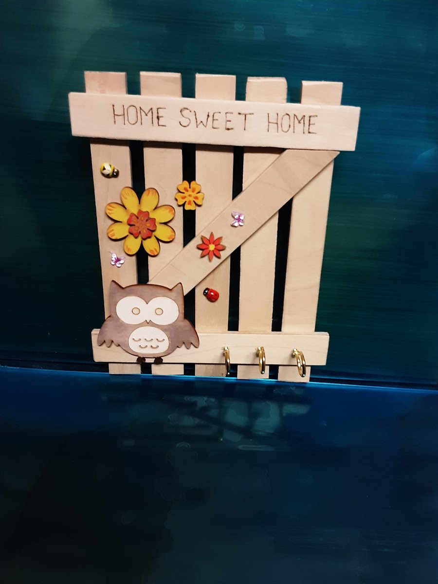 Rustic Hand Made Hanging, Home Sweet Home Owl Design Gate Key Holder 