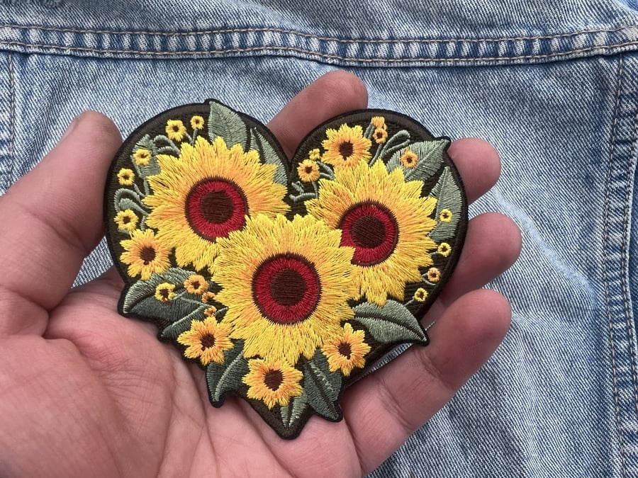 Sunflower Love Heart Embroidered Patch Iron On Sew On Floral Badge