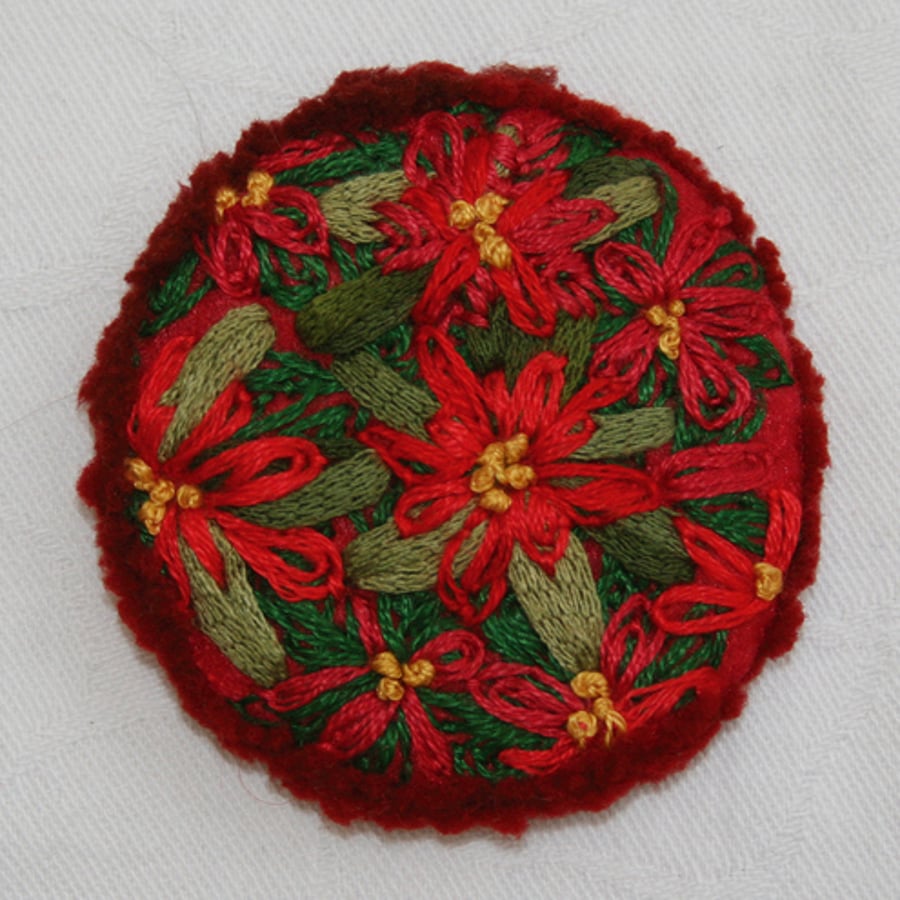 Poinsettia Brooch - Hand Embroidered