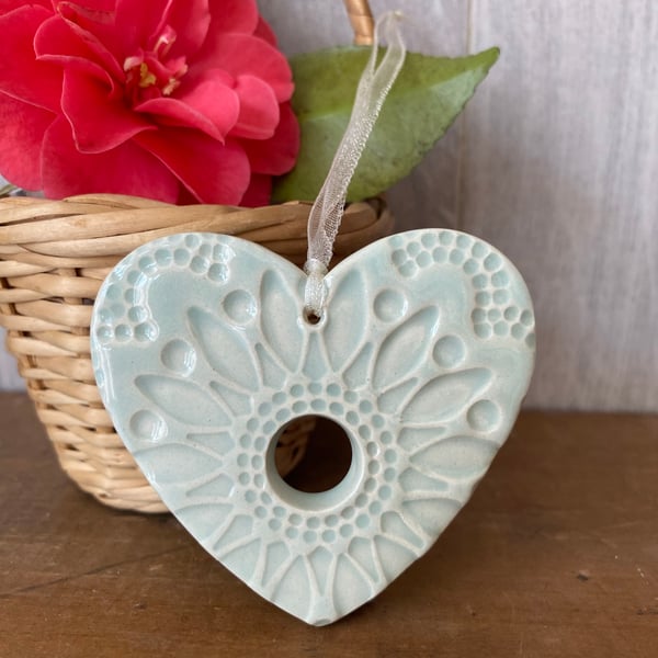 Small Pottery heart decoration pale mint