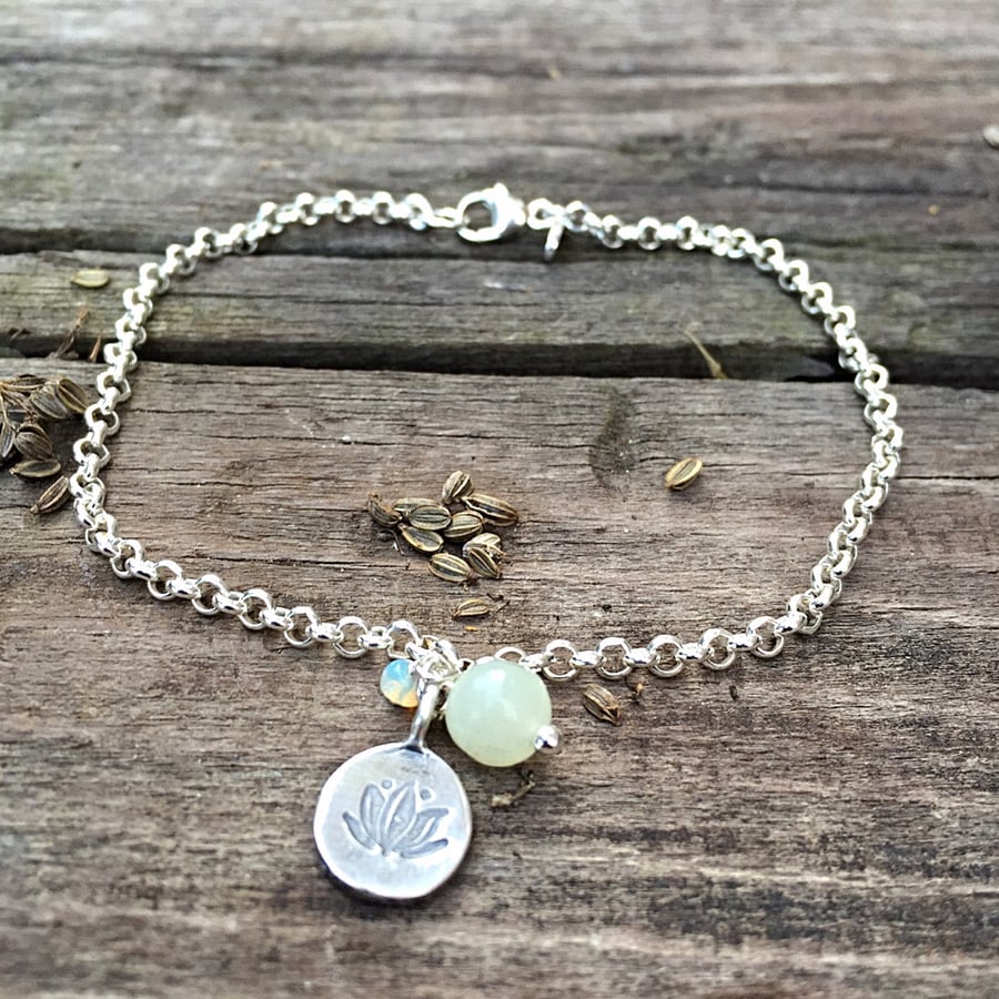 Sterling silver bracelet with lotus flower, opal and jade Buddha bracelet