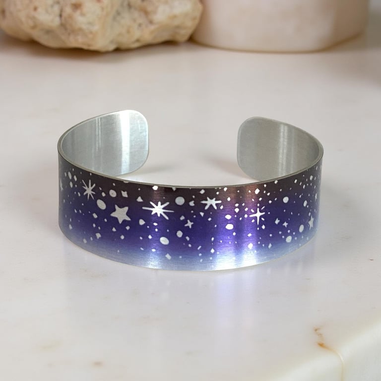 Stars cuff bracelet, night sky purple blue metal bangle. 544